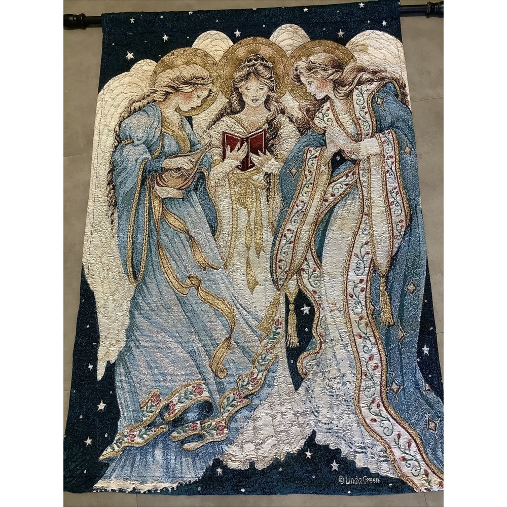 Linda Green Three Angels Christmas Woven Tapestry Wall Hanging 26x36 USA Made